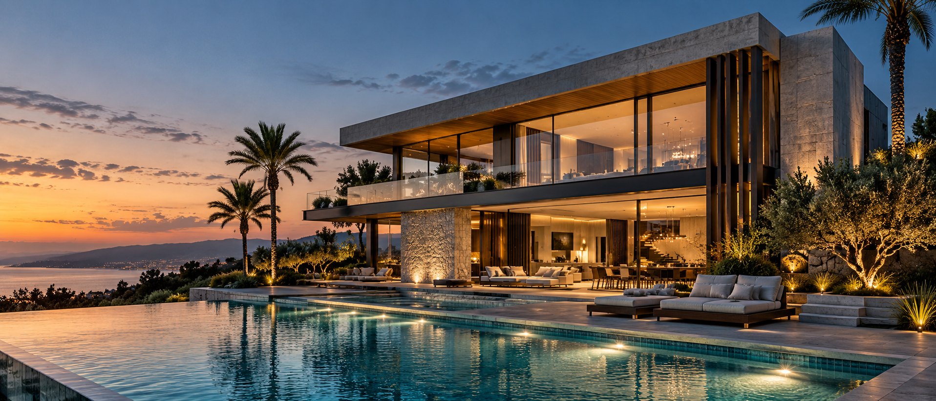 Alacakaranlıkta deniz manzaralı modern villa