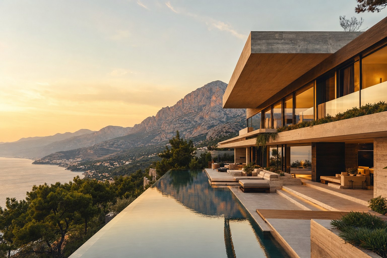 Antalya Villa — Anahtar teslim villa; traverten cephe, iç mekân ve mobilya